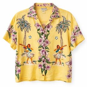 Vintage Hula Girl Hawaiian Shirt Yellow Tropical Sequin XS
